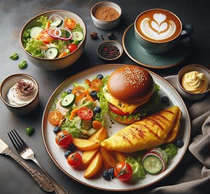 Un plato de ensalada, otro plato con una tortilla de patata, otro plato con una hamburguesa y un tiramisú